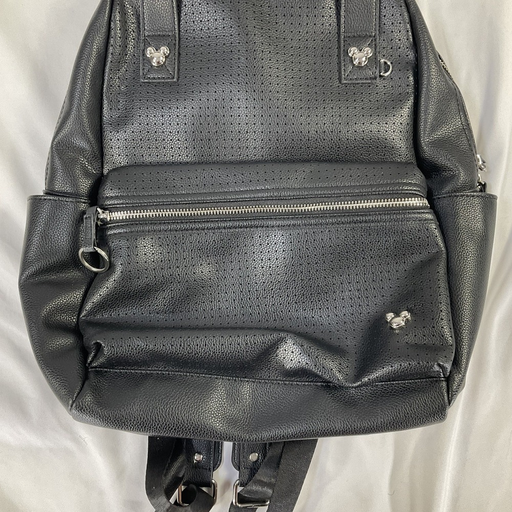 New Disney Parks Mickey Icon Flair Black Faux Leather Backpack Travel Vacation - Picture 4 of 9